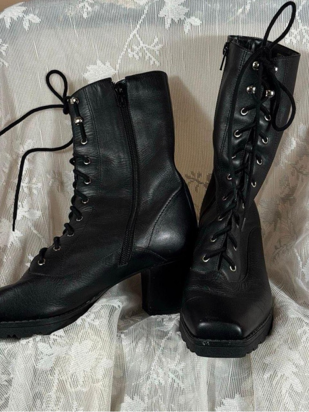 Black Lace-Up Chunky Heel Combat Boots - Women